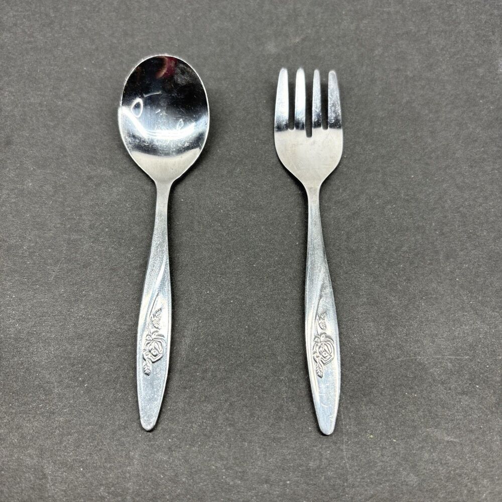 Vintage Evenflo Lasting Rose Baby Toddler Child Spoon Fork Stainless Taiwan 4.5"